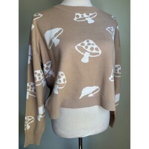 Boho whimsi goth Mushroom Cropped Sweater Tan White Knit Large 11-13 y2k retro